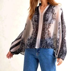 Anthropologie Sheer Pleated Flowy Blouse